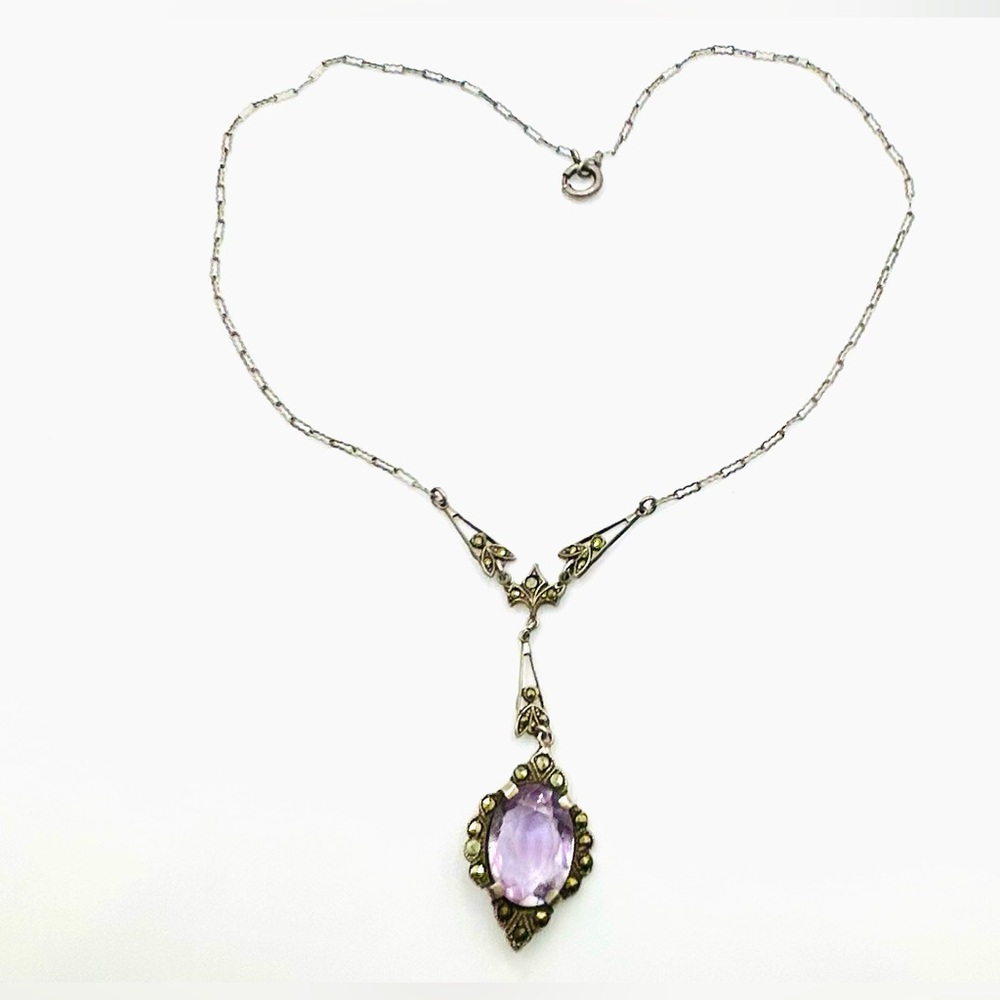 Vintage Marcasite & Amethyst Sterling Silver 925 Art Deco Gatsby Necklace - Picture 2 of 9